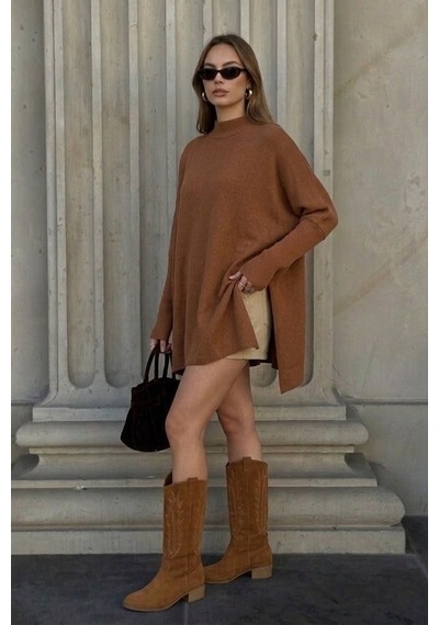 Onno Style Women Düz Triko Standart Panço Kahverengi