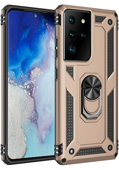 Samsung Galaxy Uyumlu S21 Ultra Kılıf Sert Silikon Yüzüklü Stand Özellikli Kapak