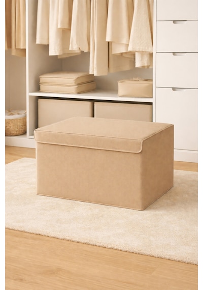 Serstil Orta Boy Kapaklı Kutu Hurç Kıyafet Battaniye Saklama Kutusu Organizer 50x40x30 Cm - Bej