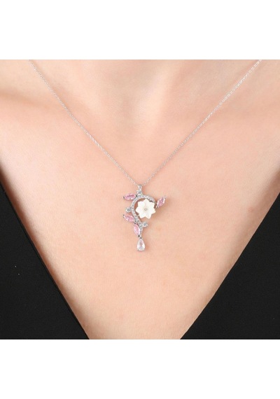 Mia vento Manolya Çiçeği Pembe Kristal Yansıması Flowers Gümüş Kolye