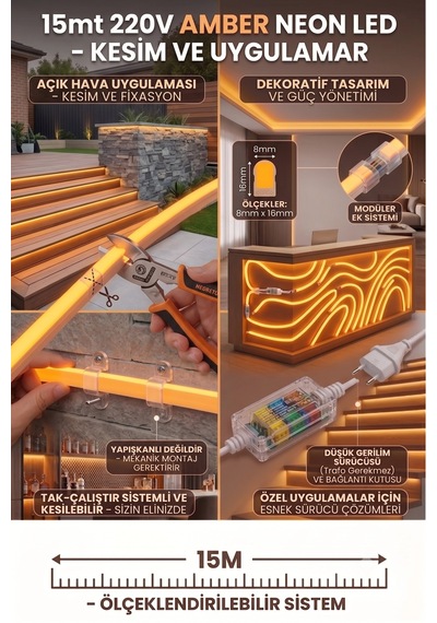 15 Metre Amber 220v Neon Led Şerit ,tak Çalıştır Set, Fişli Esnek Şerit Led, ,turuncu Led,mutfak,tezgah Ledi, Neon Led Şerit Işık ,ambiyans Işık Havuzu, Balkon, Teras Ve Ev İçin Dekoratif Led