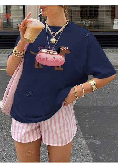 Flood Of Style Kadın Lacivert Hot Dog Baskılı Oversize