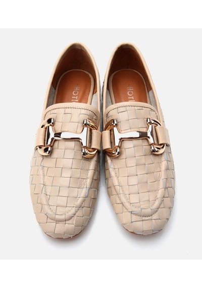 Hotiç Kadın Deri Bej Örgü Detaylı Tokalı Klasik Loafer
