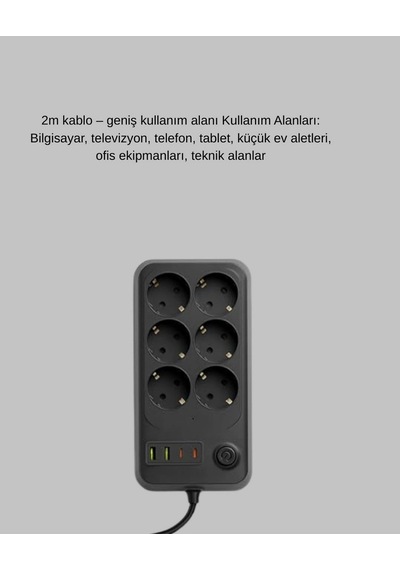 Akım Korumalı 6'lı Priz 2xusb 2xtype-c Çıkış Yüksek Gerilim Koruma Çoklu Priz Çoğaltıcı 2 M