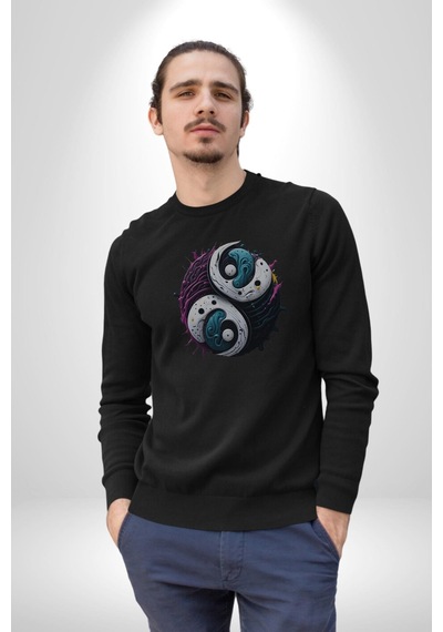 Renkli Yin İle Yang Kuramı Unisex Siyah Baskılı Sweatshirt Siyah