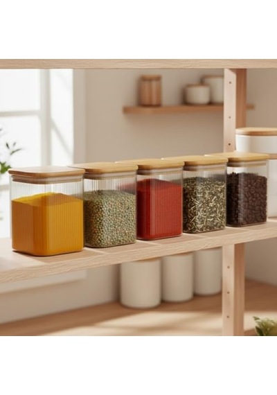 Bambu Kapaklı 200 Ml Kare Cam Kavanoz Çizgili Şeffaf Tasarım, Sızdırmaz Silikon Contalı Saklama Kabı 7009