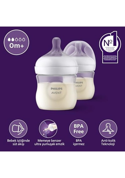 Philips Avent Doğal Tepkili Biberon 2'li Set, 125 Ml, 0-3 Ay, Akıtmaz Emzik, Kolik Ve Gaz Önleyici, Bpa İçermez, Sc