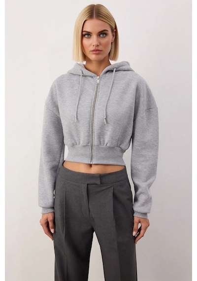 Benerly Kadın Kapüşonlu Fermuarlı Uzun Kollu Örme Sweatshirt Fonksiyonel Gri Melanj