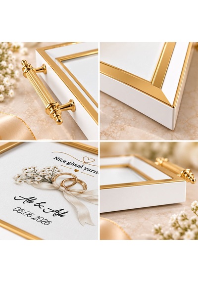 Bk Gift Kişiye Özel Beyaz&gold Söz Nişan Tepsisi-3 - 39x23 Cm Çok Renkli