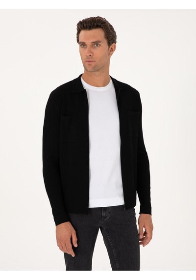 Cacharel Siyah Regular Fit Fermuarlı Triko Hırka