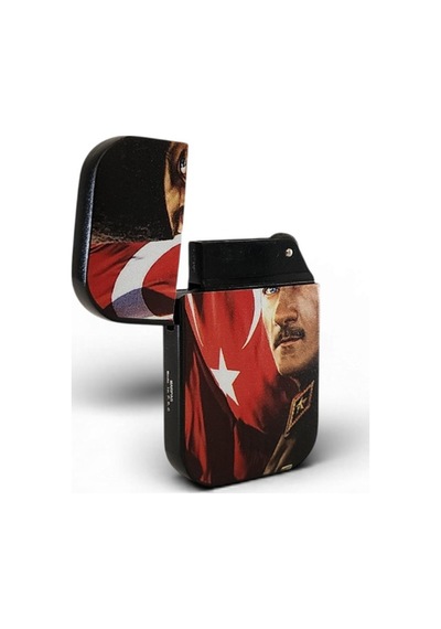 Dalgalanan Türk Bayrağı Ve Kalpaklı Atatürk Portreli Lüks Hediyelik Metal Çakmak Çok Renk