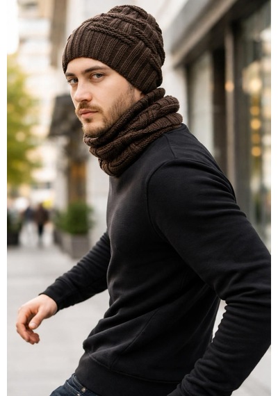 Gönülden Tasarım El Örgüsü Yumuşak Yün Erkek Bere Boyunluk Takım Unisex Kahverengi