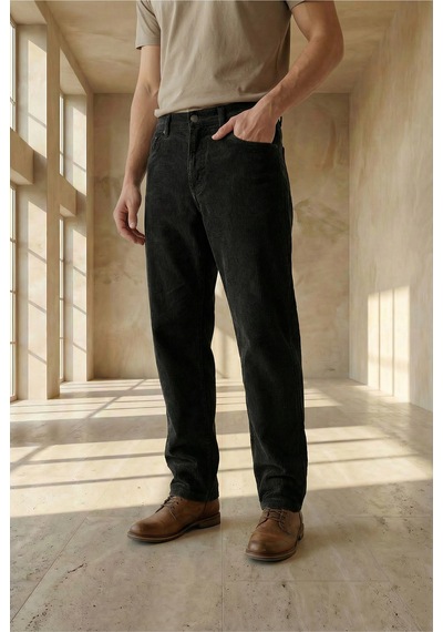 Little Cup Jeans Co Erkek Baggy Fit Rahat Kalıp Kadife Siyah Pantolon