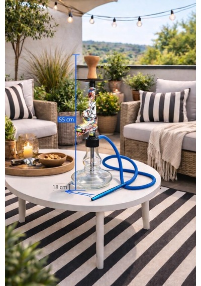 Cam Tabanlı Nargile 55 Cm 18 Cm Geniş Taban Modern Balkon & Teras Nargile Takımı Mavi Hortumlu