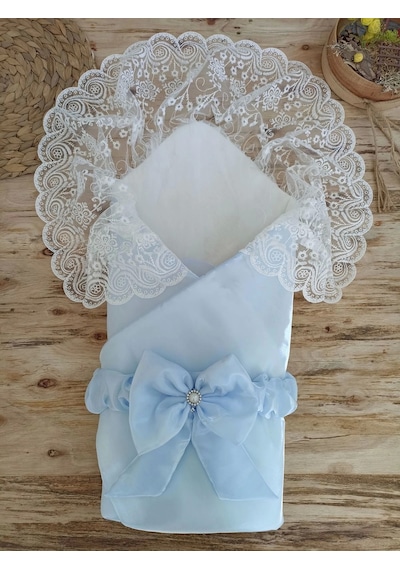 Yenidoğan Kumru İnci Fiyonk Kristal Parlak Duvaklı Kundak Bebek Battaniyesi Mavi