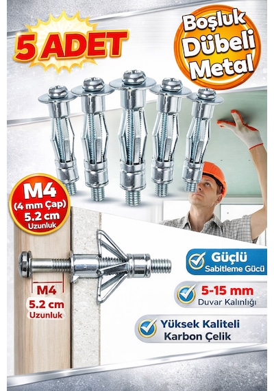 4x46 Metal Paraşüt Dübeli Alçıpan, Çelik, Tuğla & Bims Duvar Uyumlu Boşluk Dübel 5 Adet