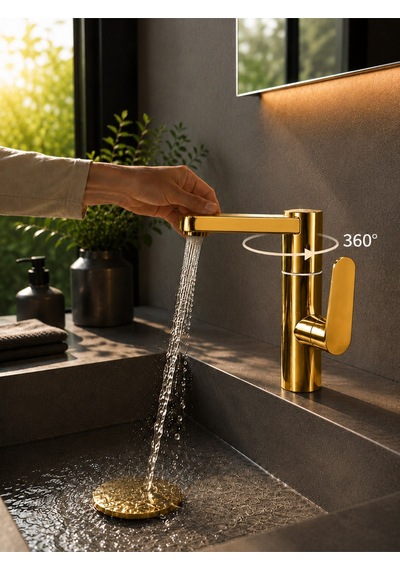 Viosa Silva 360 Döner Parlak Gold Lavabo Bataryası Lüks Modern Banyo Musluğu Banyo Lavabo Bataryası Siyah