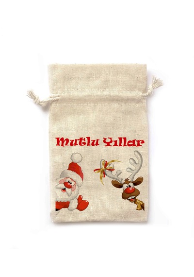Yılbaşı Temalı 10 Ad Amerikan Bez İpli Hediye Kesesi Komik Noel Baba Ve Geyik Desenli 8,5x12,5 Cm 8,5 Cm X 12,5 Cm