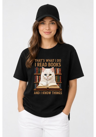 Bayloranzzo The Reader Cat %100 Pamuk Heavy Cotton Premium Kalite Kadın Tişört Siyah