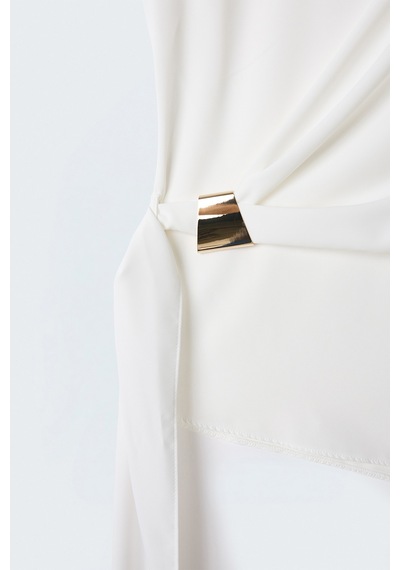 Sateen Kuşak Detaylı Aksesuarlı Bluz - Ekru-137614