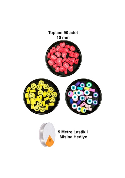 90 Adet 10 Mm Polimer Kil Fimo Boncuk Takı Bileklik + 5 Metre Misina  - Smile - Nazar - Love