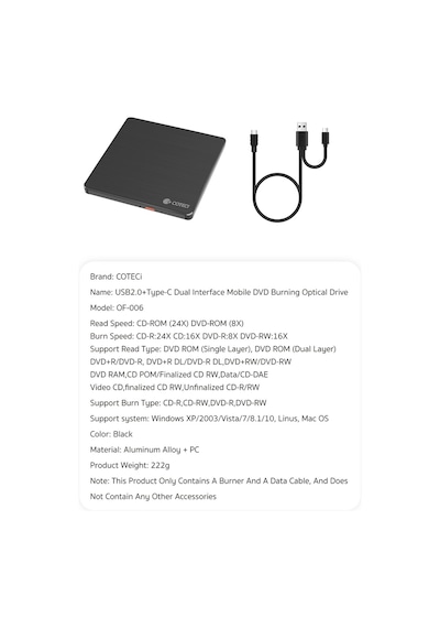 Çift Bağlantılı Usb 2.0 & Type-c Harici Dvd-rw Yazıcı Ve Okuyucu