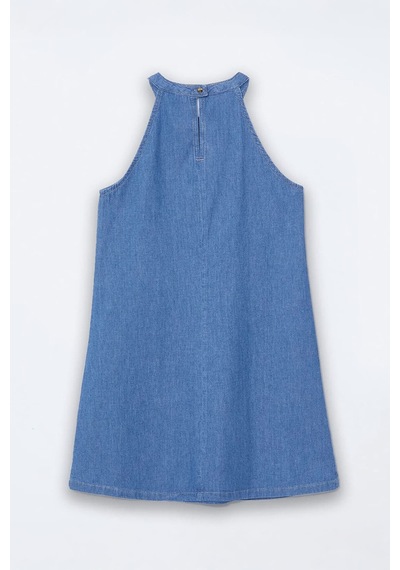 Blue White Kadın Halter Yaka Düz A Kesim Jean Elbise Mavi
