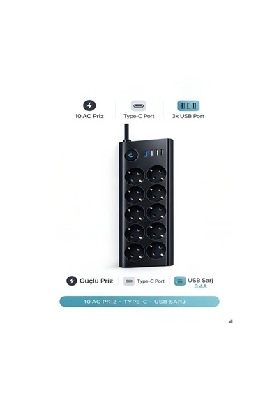 10 Lu Akım Korumalı Priz 3680w 3 Usb-a + 1 Type-c Hızlı Şarj 2 Metre Kablo 0 - 2 M
