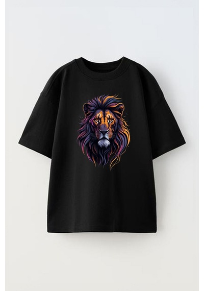 Thewert Unisex Aslan Kral Tasarım Baskılı Pamuk Sıyah Oversize T-shirt Siyah