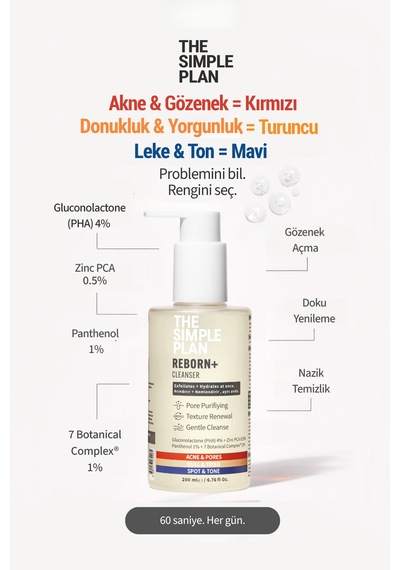 The Simple Plan Reborn+ Cleanser %4 Pha Glukonolakton + %0,5 Çinko Pca + %1 Pantenol, Arındırıcı Yüz Temizleme Jeli, 200 Ml