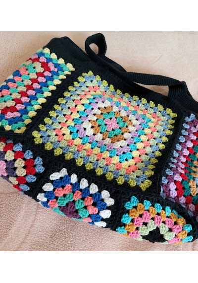 Kemzey Handmade El Yapımı Siyah Tote , Nostaljik Kareli Örgü Çanta Çok Renkli Sarı
