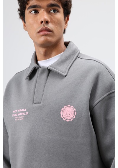 Vamos Polo Yaka Oversize Baskılı Yıkamalı Sweatshirt Füme