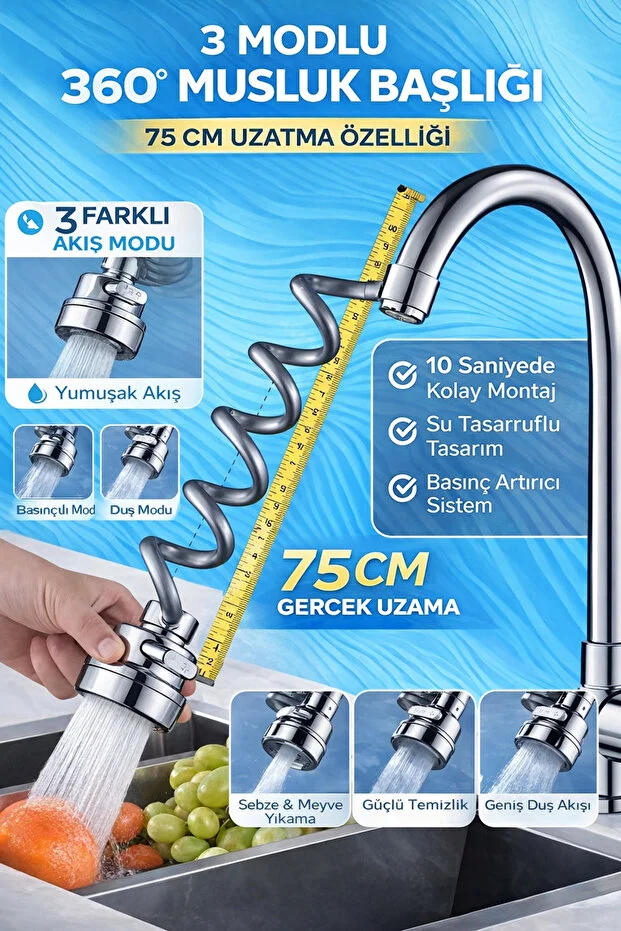 Musluk Başlığı 75 Cm Uzatmalı 360 Döner 3 Modlu Su Tasarruflu Uzayan Musluk Başlığı