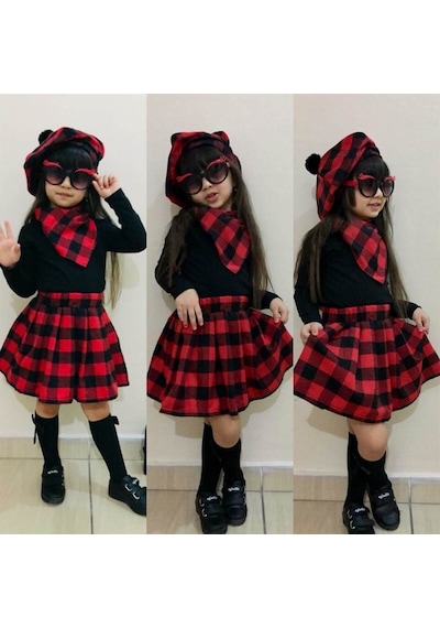 Quzucuk Kids Kız Çocuk Kırmızı Ekoseli Şapkalı Takım Çok Renkli