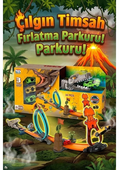 Çılgın Timsah Fırlatma Ve Yarış Pisti Seti - 3 Arabalı Akrobasi Parkuru - Yanardağ Temalı Oyuncak