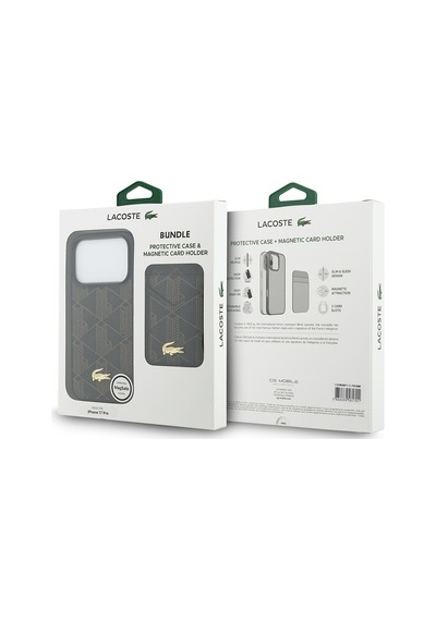 Apple Uyumlu iPhone 17 Pro Max Kılıf Lacoste Lisanslı M-safeli Pu Deri Kartlıklı Karışık Monogram Desenli Kahve Kahverengi