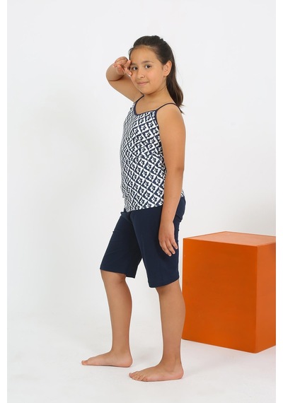 Akbeniz Kız Çocuk İp Askılı Şortlu Penye Lacivert Pijama Takım 20430