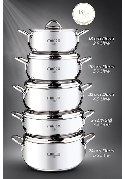 Mango Kitchen Dara Steel - 10 Parça Çelik Tencere Seti Paslanmaz Çelik Master Steel 18/10 Çelik Inox