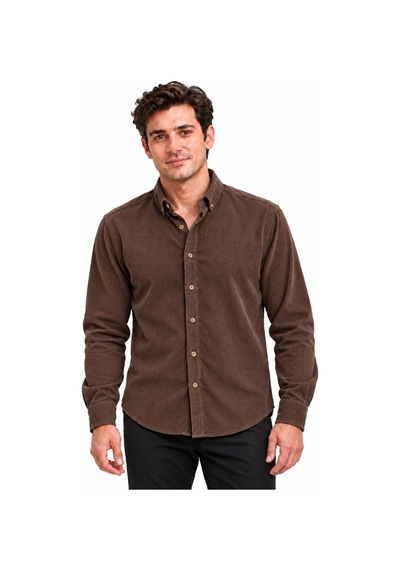 Classics Men Jet Polo Uzun Kol Slim Fit Erkek Kadife Gömlek - 7779 Kahverengi