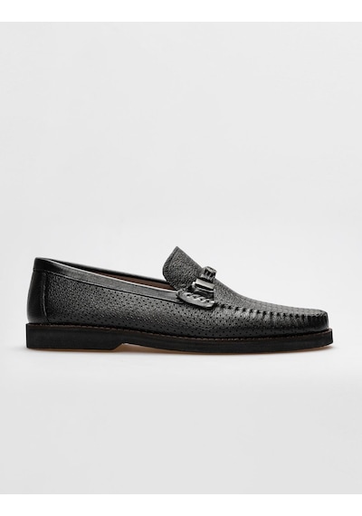 Cabani Hakiki Deri Siyah Lazer Detaylı Erkek Loafer-siyah Siyah