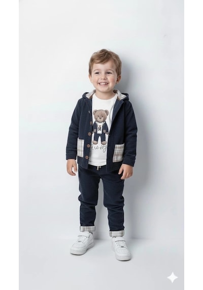 Bontino Erkek Çocuk %100 Pamuk Kadife Hırka, Pantolon Ve Ayıcık Baskılı Sweatli 3'lü Premium Seri Lacivert Bontino Erkek Çocuk %100 Pamuk Kadife Hırka, Pantolon Ve Ayıcık Baskılı Sweatli 3'lü Premium Seri Lacivert