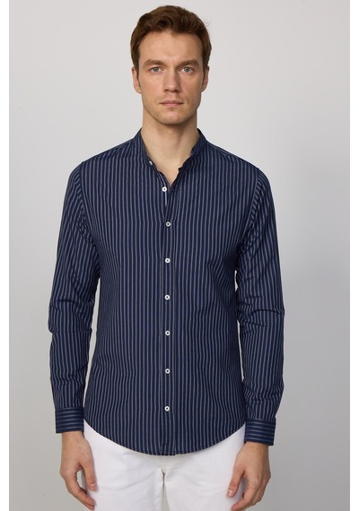 Tudors Slim Fit Uzun Kollu Hakim Yaka Pamuklu Kolay Ütü Çizgili Erkek Lacivert Gömlek-27734 Lacivert