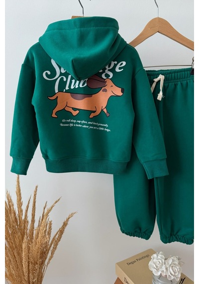 Monila Erkek Çocuk Yeşil Kapüşonlu Köpek Baskılı Pamuklu Sweatshirt Ve Yeşil Eşofman Alt Üst Takım
