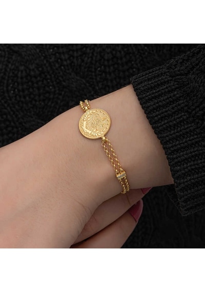 925 Ayar Gümüş Gold Kaplama Tuğralı Kadın Bileklik Gri 24912003