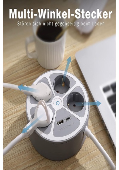 Priz 4 Bölmeli 2 Usb Grişli Yuvarlak Çoklu Grup Priz Çocuk Korumalı Anahtarlı 1.5 Metre Kablolu 1