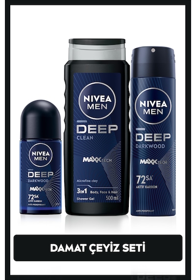 Nivea Men Erkek Damat Çeyiz Bohça Seti Deep Dimension Duş Jeli 500 ML + Sprey Deodorant 150 ML +  Roll-On 50 ML