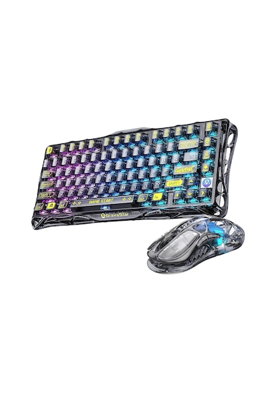 Gravastar Mercury K1 Lite+m2 Kablosuz Rgb Işıklı Mekanik Q Gaming Klavye Ve Optik Mouse Seti, Şeffaf Optik