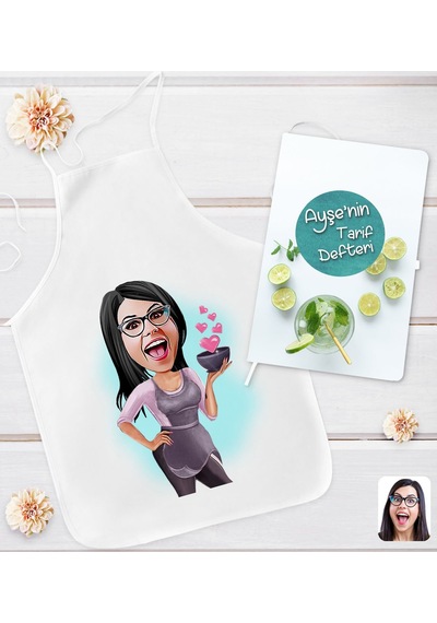 Bk Gift Kişiye Özel Karikatürlü Aşçı Anne Tasarımlı Mutfak Önlüğü Ve Yemek Tarif Defteri Hediye Seti-2, Anneye Hediye, Anneler Günü Hediyeleri