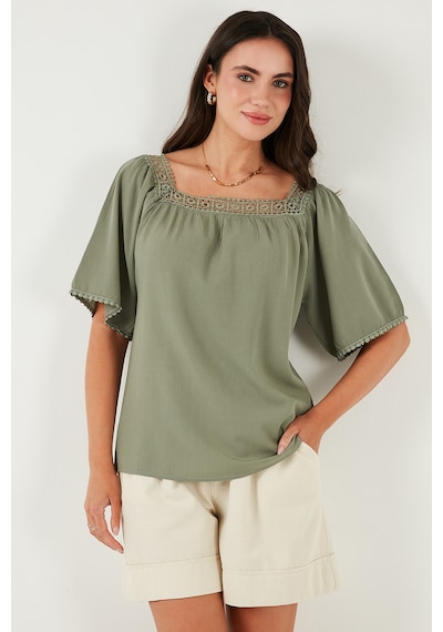 Lela Güpürlü Regular Fit Kare Yaka Bayan Bluz 5869003 Olive