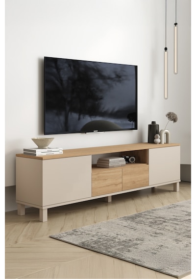 Mood Tv Ünitesi Sehpası 2 Kapaklı 2 Çekmeceli Ahşap Ayaklı 180cm Kumsal-sepet Md1-cs Bej